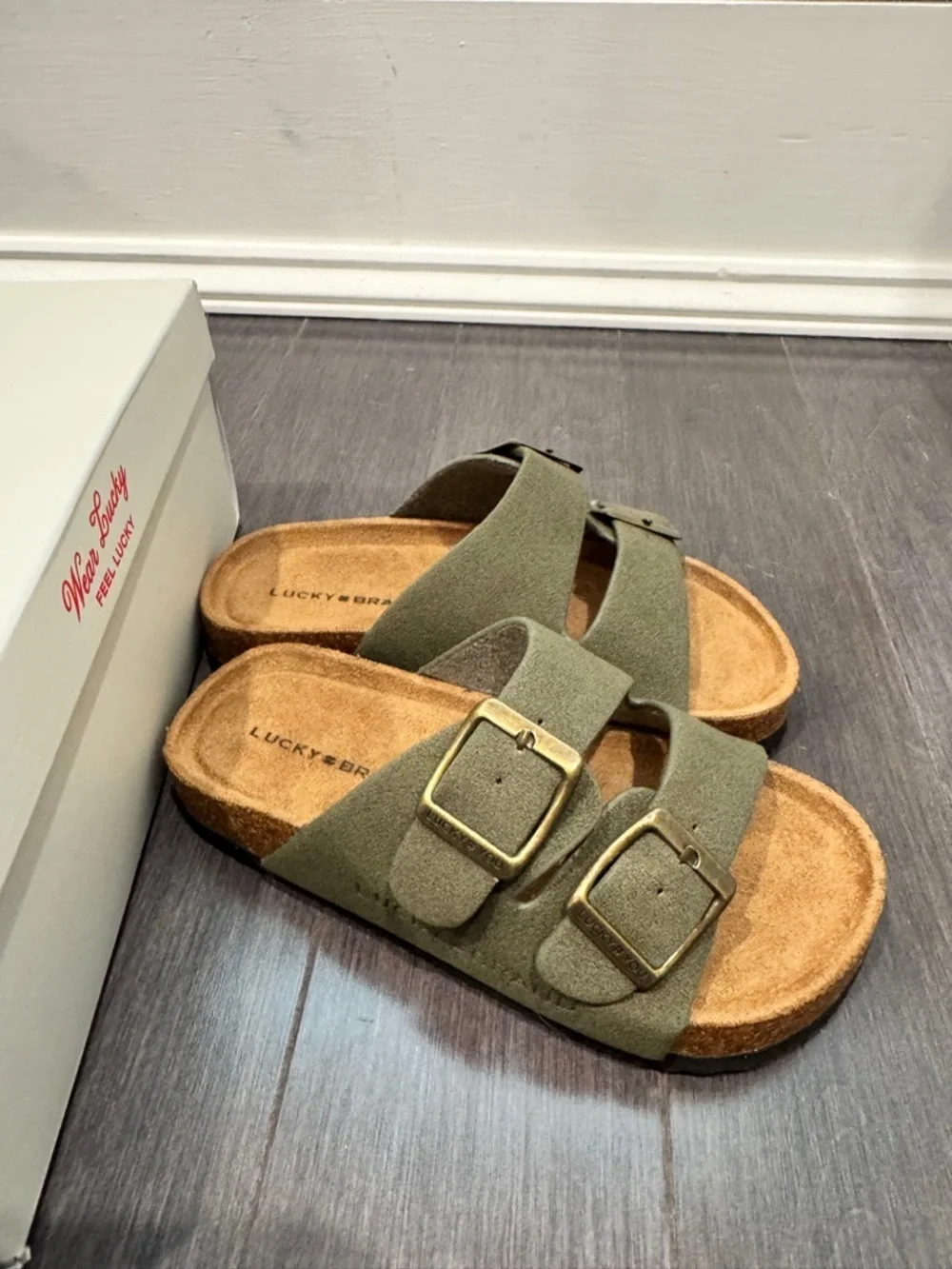 NWT Lucky Brand Girls Toddl Size 12 Olive Green Double-Buckle Slide Sandals Kids